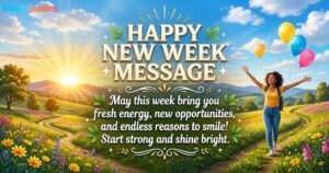 A scenic landscape with a woman holding balloons, featuring a happy new week message and a quote to start strong.