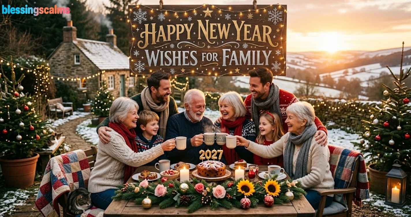 A multi-generational family toasts outdoors at a 2027 New Year's table under a "Happy New Year Wishes for Family" sign.