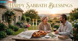 A Jewish couple smiles at a table with challah, candles, and wine at sunset. Gold text: "Happy Sabbath Blessings."