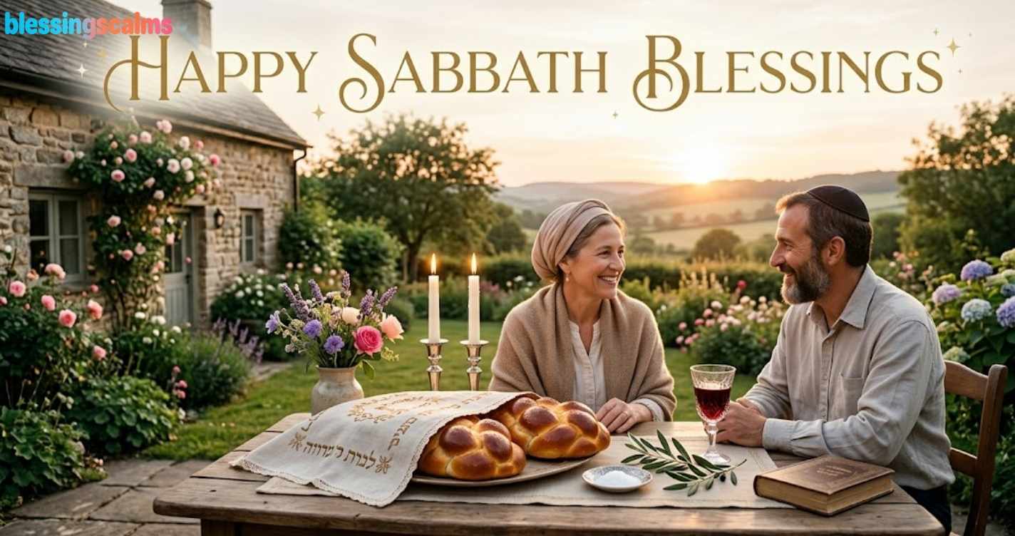 A Jewish couple smiles at a table with challah, candles, and wine at sunset. Gold text: "Happy Sabbath Blessings."