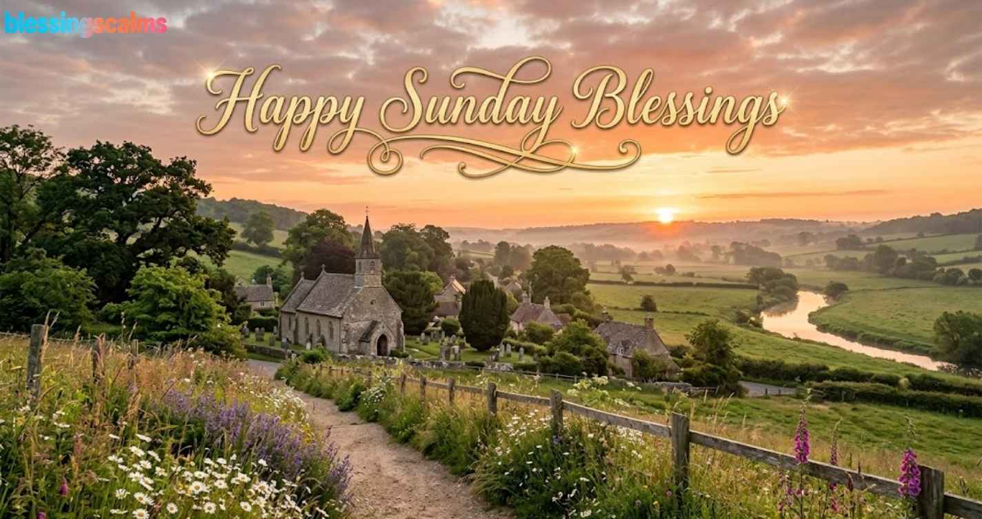 A serene golden sunset over a peaceful English village, featuring a historic church and wild meadows, with the text "Happy Sunday Blessings."
