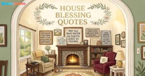 Cozy living room with fireplace and framed house blessing quotes on the wall.