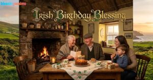 "A warm Irish Birthday Blessings scene in a cottage with a family celebrating around a cake and a cozy fireplace."