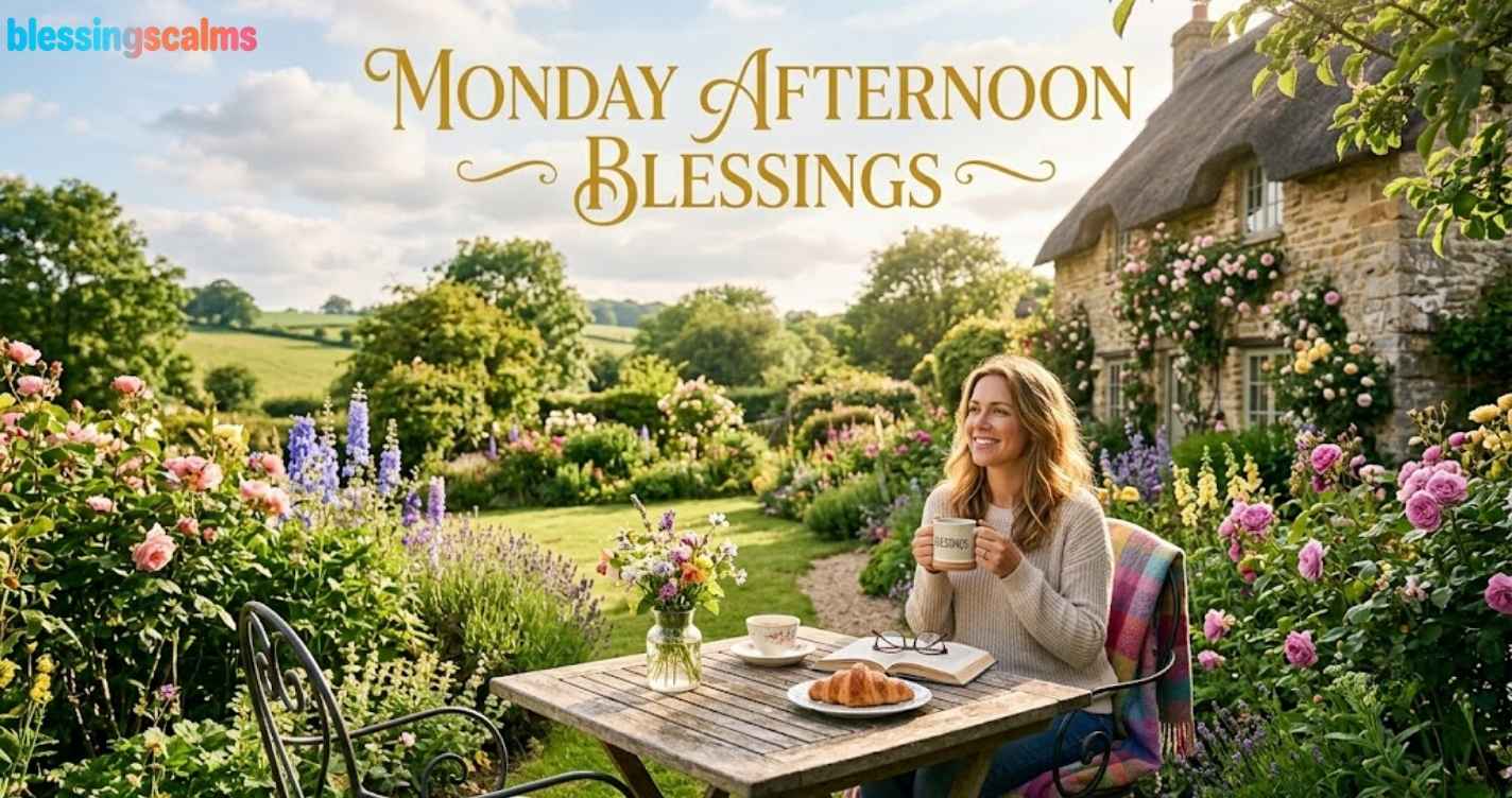 A happy woman in a blooming English cottage garden has tea and food. Gold text: "Monday Afternoon Blessings."
