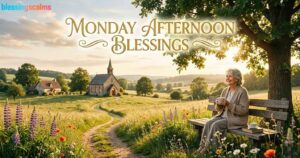 A woman is having tea outside on a bench during the sunny, peaceful setting for Monday Afternoon Blessings.