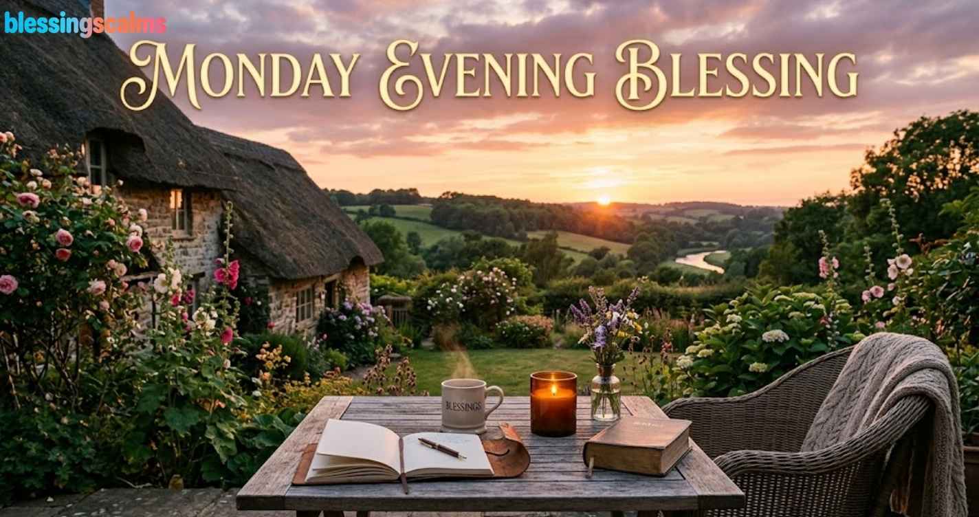 A cottage garden at sunset with a table, open notebook, candle, and the text "Monday Evening Blessing."