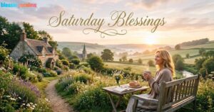 A woman smiling with coffee outdoors near a countryside cottage at sunrise; gold text reads "Saturday Blessings".