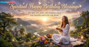 A smiling woman holds a diya over a valley at sunrise with fruits and flowers. Gold text: "Spiritual Happy Birthday Blessings."