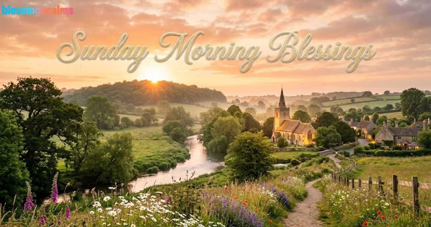 A serene, golden sunrise glows over a misty English river valley with an old stone church. Title "Sunday Morning Blessings".
