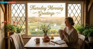 A smiling woman enjoys coffee by a window with a stunning valley view; text reads "Thursday Morning Greetings".