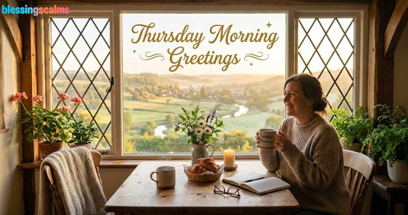 A smiling woman enjoys coffee by a window with a stunning valley view; text reads "Thursday Morning Greetings".