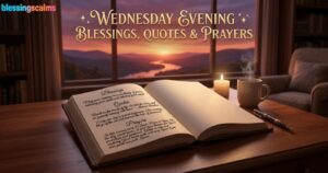 An open book on a desk at sunset with a lit candle and warm tea; text reads "Wednesday Evening Blessings, Quotes and Prayers".