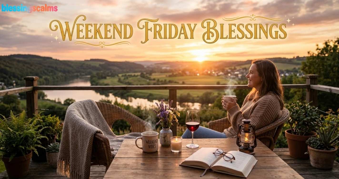 A woman enjoys coffee at sunset on a deck, beside a table with wine, a book, and the text "Weekend Friday Blessings".