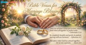 Marriage greeting card with the title "Bible Verses for Marriage Blessing" and golden rings over an open Bible.