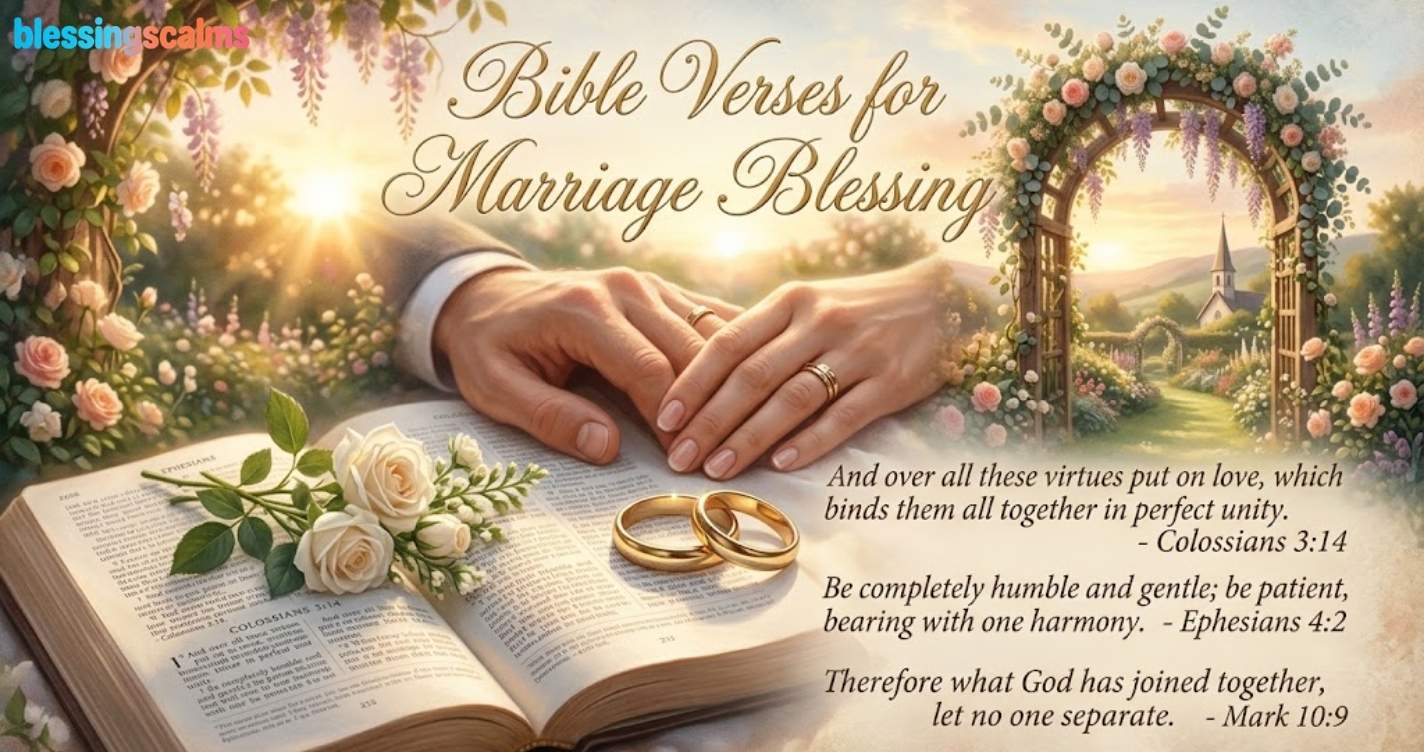 Marriage greeting card with the title "Bible Verses for Marriage Blessing" and golden rings over an open Bible.