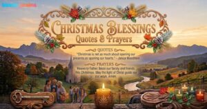 Christmas Blessings, Quotes & Prayers: A serene view of a mountain valley at sunset with a church, family, and candles.