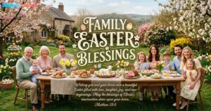 A family gathers outdoors for a spring meal, with text overlay reading "Family Easter Blessings" and a Bible verse.