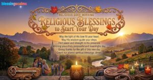 Religious Good Morning Blessings are shown over a mountain valley at sunrise with people, a church, and candles.