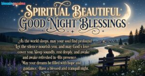 A serene night landscape with a woman on a bench and text reading 'Spiritual Beautiful Good Night Blessings'.