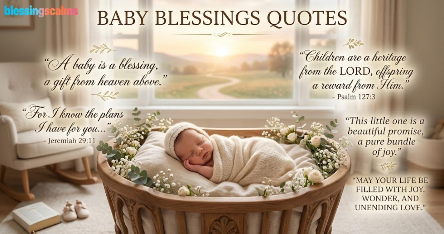A serene nursery scene with a sleeping baby surrounded by "baby blessings quotes" like "A baby is a blessing, a gift from heaven."