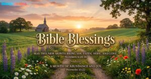 "Bible Blessings" card featuring golden text, a rural church, a path, wildflowers, and a sunset with a new month message.