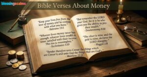 An open, old book titled 'Bible Verses About Money' on a wooden table, featuring specific passages from Hebrews, Ecclesiastes, and others, beside stacked coins.