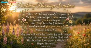"Birthday Blessings Scripture" in golden typography with a Bible verse in a lovely wildflower meadow with the sun setting.