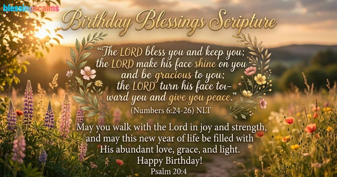 "Birthday Blessings Scripture" in golden typography with a Bible verse in a lovely wildflower meadow with the sun setting.