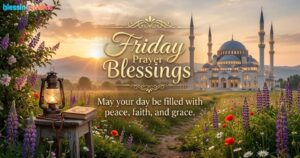 "Friday Prayer Blessings" in golden text on a serene meadow with a mosque, lantern, and Quran at sunset.