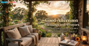 A cozy porch overlooking a sunlit garden with a church, featuring "good afternoon blessings and prayers" text and a Bible.