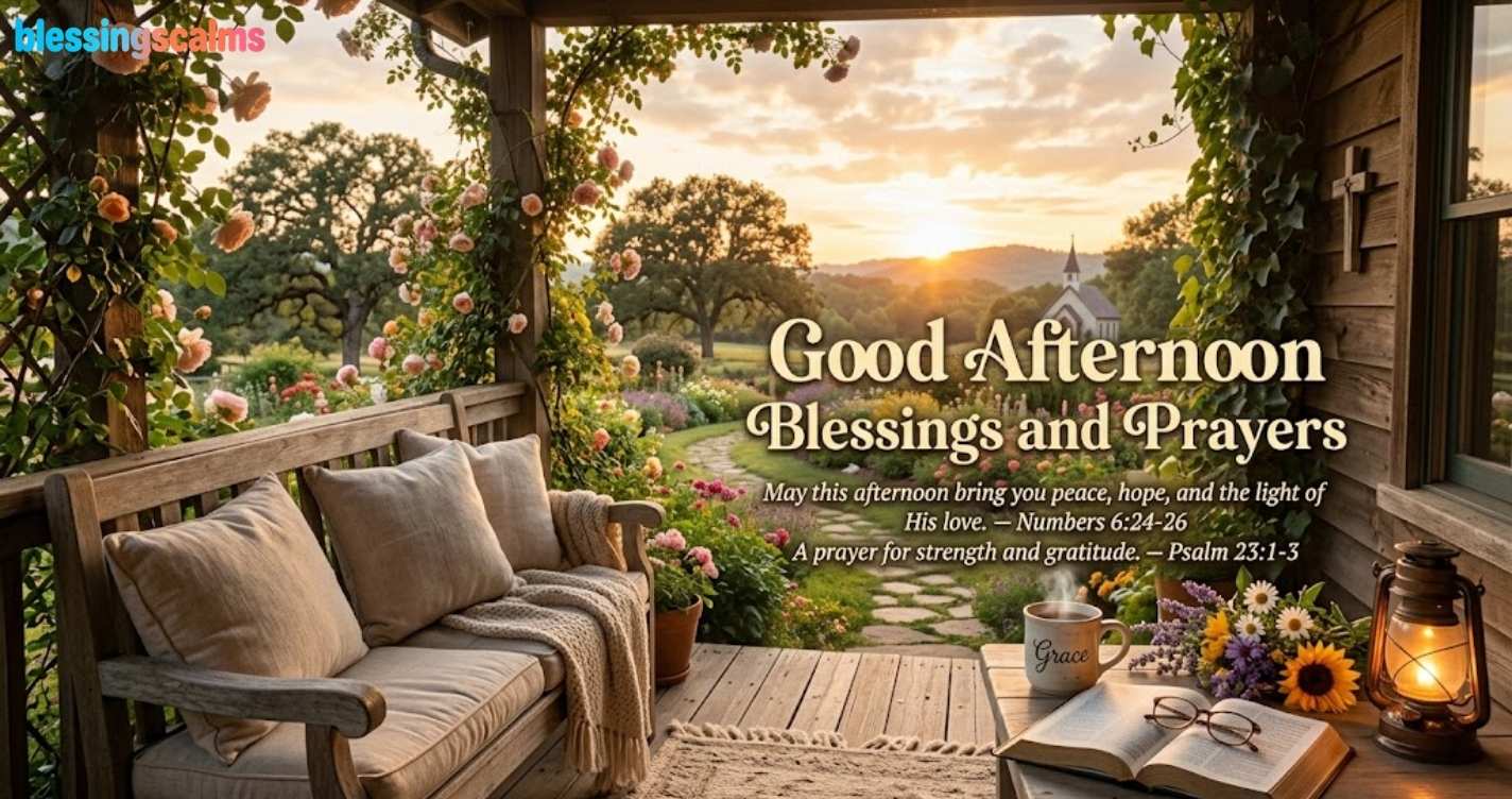A cozy porch overlooking a sunlit garden with a church, featuring "good afternoon blessings and prayers" text and a Bible.
