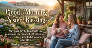 "Good Morning Sister Blessings" card with two women drinking coffee on a garden porch at sunrise with a prayer.