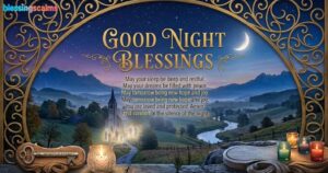 A serene Good Night Blessings scene: a moonlit church in a valley, framed by golden filigree, with starlight and candles.