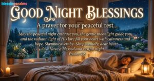 A woman sleeps peacefully under blankets in a candlelit bedroom, with "good night blessings" and a prayer displayed in the background.