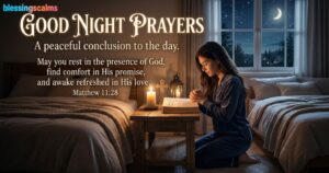 A woman kneeling in prayer by bedside at night beside a candle and Bible with "good night prayers" text card.
