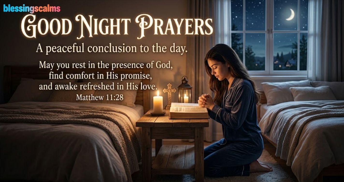 A woman kneeling in prayer by bedside at night beside a candle and Bible with "good night prayers" text card.