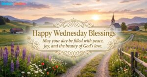 "Happy Wednesday Blessings" card featuring golden text, a charming church, a winding path, and lupine flowers under a mountain sunset.