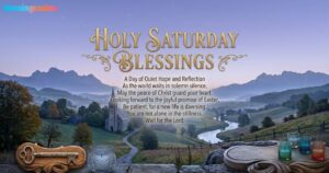 Holy Saturday Blessings scene: a mountain valley at dawn with a church, a river, an old key, and candles.