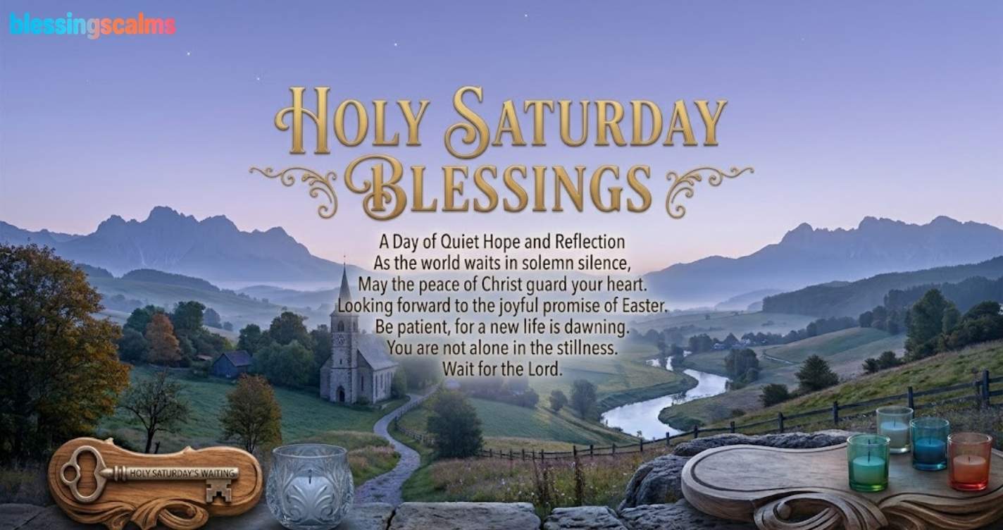 Holy Saturday Blessings scene: a mountain valley at dawn with a church, a river, an old key, and candles.