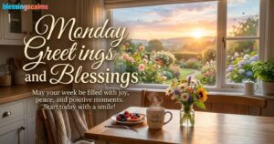 Monday Greetings and Blessings text over a scenic kitchen table breakfast setting looking out at a blooming garden at sunrise.
