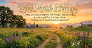 "New Month Blessings" golden script over a beautiful country landscape, a church, and a wildflower meadow at sunrise.