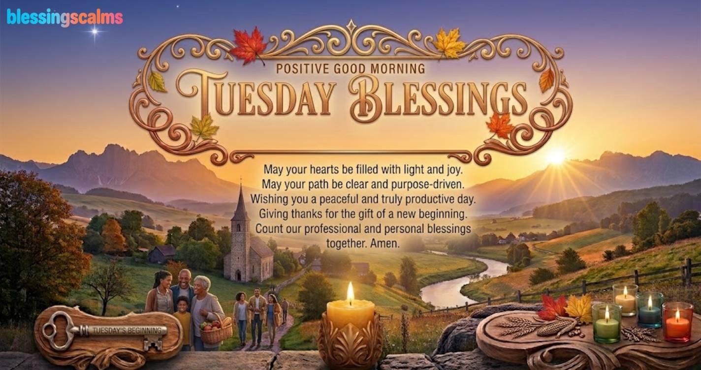 A landscape at sunrise shows people walking towards a church, with a key, candles, and the text Positive Good Morning Tuesday Blessings.