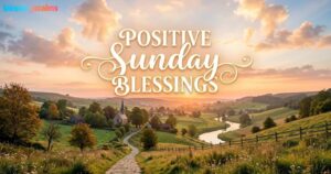 **Alt text:** Peaceful rural countryside illuminated by morning sunlight with elegant text overlay reading "POSITIVE SUNDAY BLESSINGS".