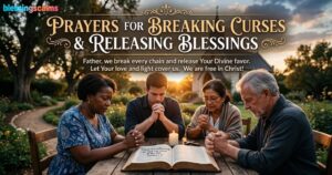 A diverse group prays at an outdoor table with an open Bible below the text prayer for breaking curses and releasing blessings