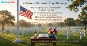 Religious Memorial Day Blessings over a solemn cemetery at sunrise, featuring a flag, cross, and Bible for sacred honor.