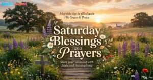 "Saturday Blessings and Prayers" golden typography with a church and wildflower meadow at sunrise.