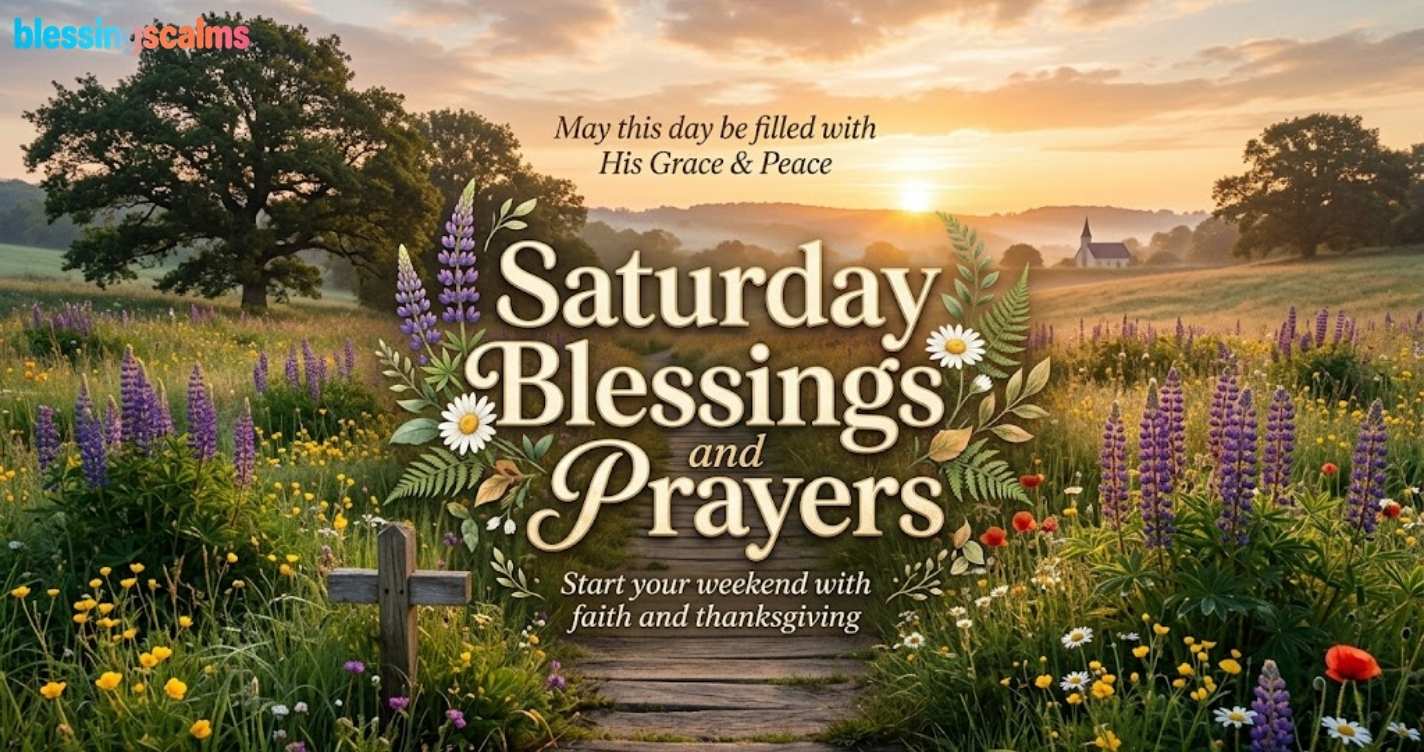 "Saturday Blessings and Prayers" golden typography with a church and wildflower meadow at sunrise.