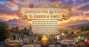 A serene landscape features people walking to a church, candles, and text: Thanksgiving Blessings to Friends & Family Wishes.