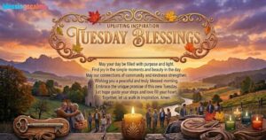 A view of a valley at dawn with people, candles, and a key, titled 'Uplifting Inspiration Tuesday Blessings'.