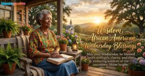 Alt Text: Wisdom African American Wednesday Blessings text on image of a woman in Kente cloth on a porch reading a Bible at sunset.